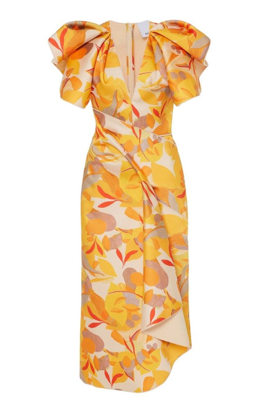 ACLER Orange Floral Ruffle Shoulder Draped Midi Dress 6